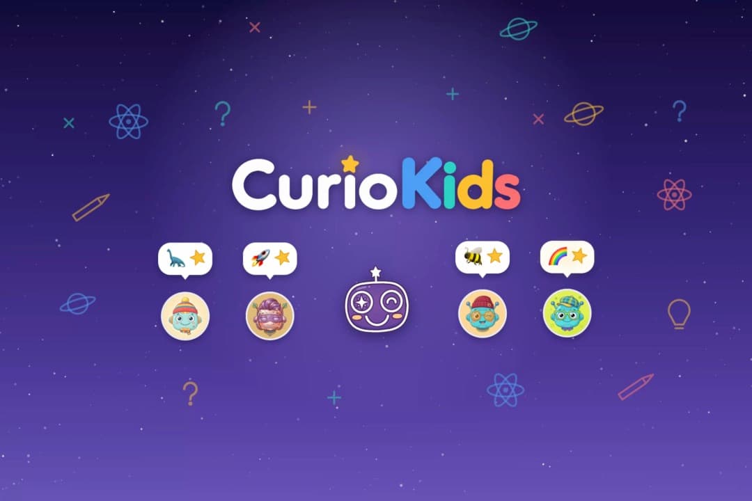 CurioKids animation: children ask Curio about dinosaurs, rockets, bees and rainbows, and every question turns into a star.